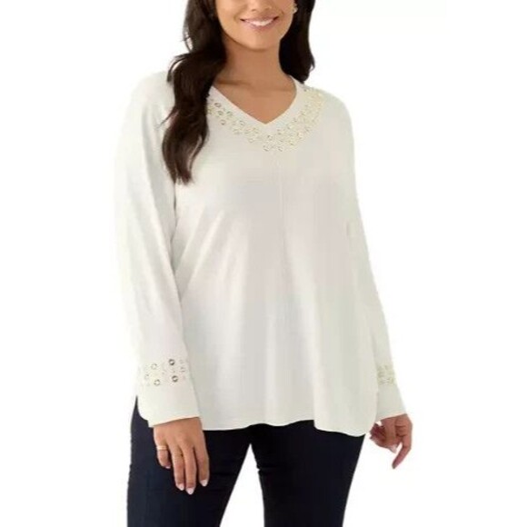 Ruby Rd. Women's Plus Size Grommet Embellished Fine Gauge Sweater Ivory Gold 3X - Picture 1 of 6